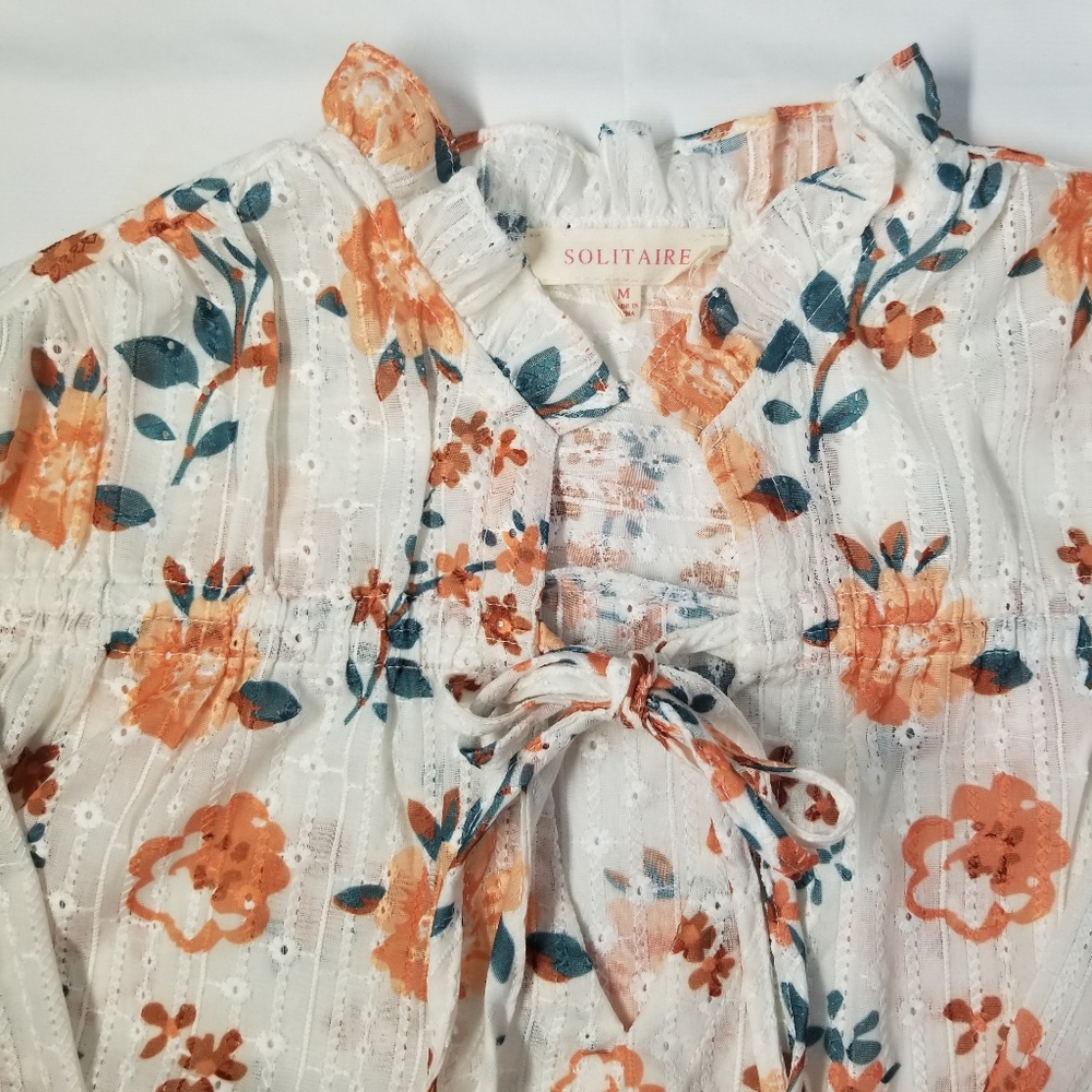 Solitaire Woman Size M Blouse V Neck String Tie Long Sleeve Sheer Floral Pint - Picture 4 of 11